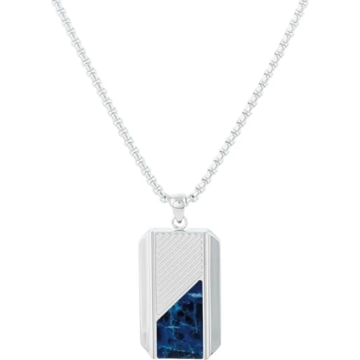 HOLZKERN Herren-Halskette Dog Tag Anhänger aus Edelstahl 316L mit Sodalith-Einlage, 55 cm, Silberfarben, modisch und anpassbar