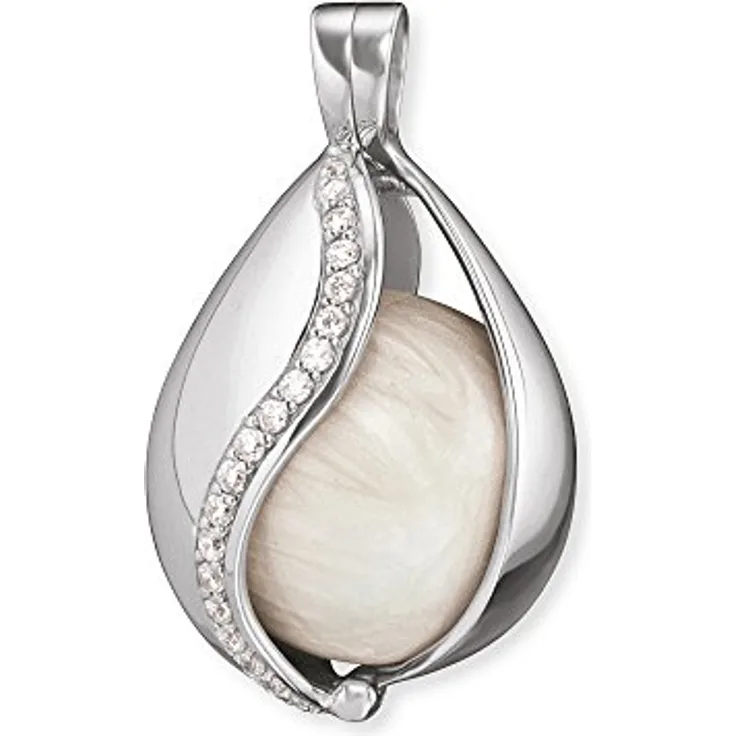 Engelsrufer Himmelsträne Anhänger, Perlmutt Klangkugel in 925er Sterlingsilber, mit 16 weißen Zirkonia, Größe 25,5 mm