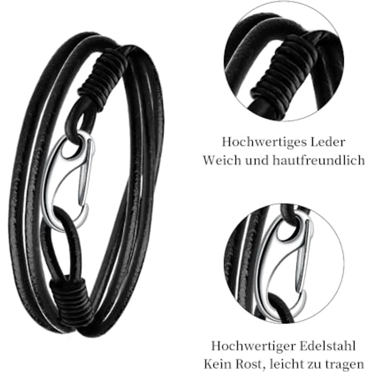 Viwind Geflochtenes Lederarmband Damen, Multilayer 21cm mit Edelstahlkarabiner, Schwarzes Rundseil, Geschenkbox – Bild 3