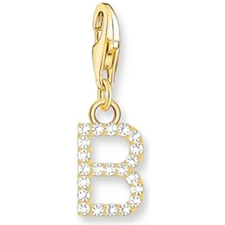 THOMAS SABO Charm-Anhänger Buchstabe B, vergoldet 750 Gelbgold mit weißen Steinen, 925 Sterlingsilber, Charm Club mit Karabinerhaken – Bild 1