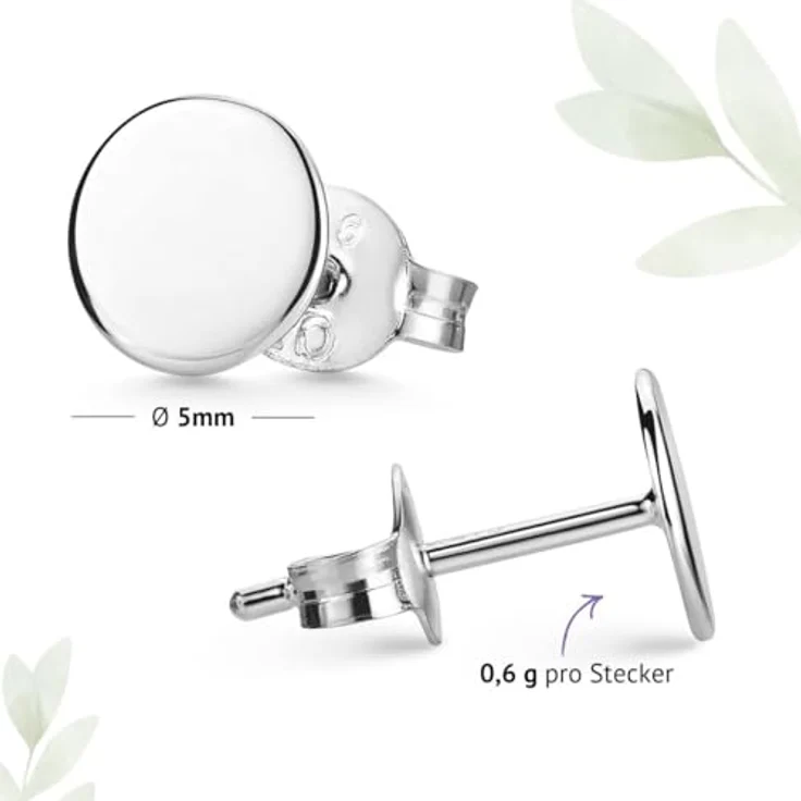 MATERIA Herren Ohrstecker SO-438, 925 Sterling Silber, runde flache Plättchen, 5mm, mit Anlaufschutz – Bild 4