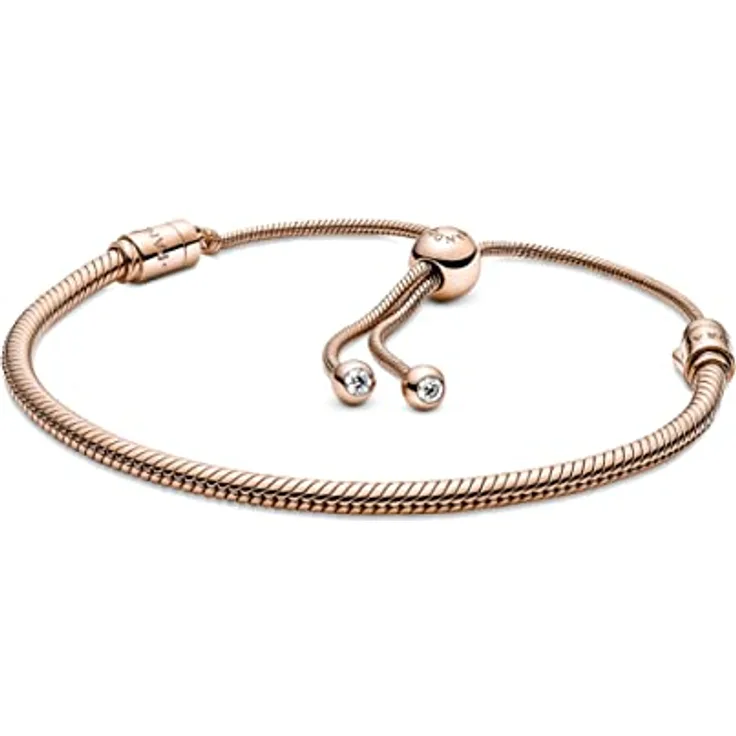 PANDORA Moments Schiebeverschluss Schlangen-Gliederarmband, 14 Karat rosévergoldet, Größe 28, mit beweglicher Endkappe und Schmucksteinen, 589652C01-2