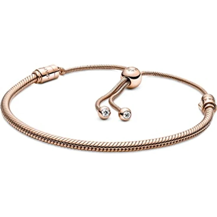 PANDORA Moments Schiebeverschluss Schlangen-Gliederarmband, 14 Karat rosévergoldet, Größe 28, mit beweglicher Endkappe und Schmucksteinen, 589652C01-2 – Bild 1