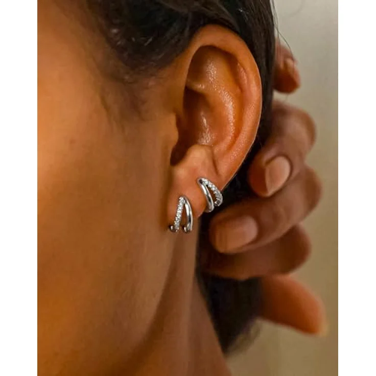 MUMREUES Huggie Creolen Ohrringe Damen, Silber Weißgold mit Zirkonia, hypoallergen, wasserfest, minimalistisches Design – Bild 2