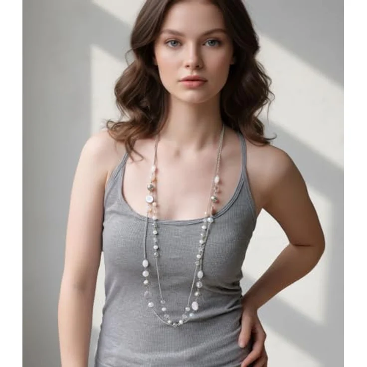 FULU AUTUMN Damen Statement Kette, Lange Perlenkette aus Silber, Zwei Strang Designs mit Kristallperlen und Achatmuscheln, 35 cm + 2,7 cm Verlängerung, Weiß – Bild 3