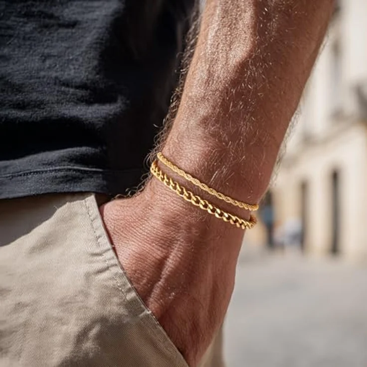 J.Fée Gold Armband Set für Herren, 2 Stück, 316L Edelstahl, hypoallergen, verstellbar, kubanischer Stil – Bild 2
