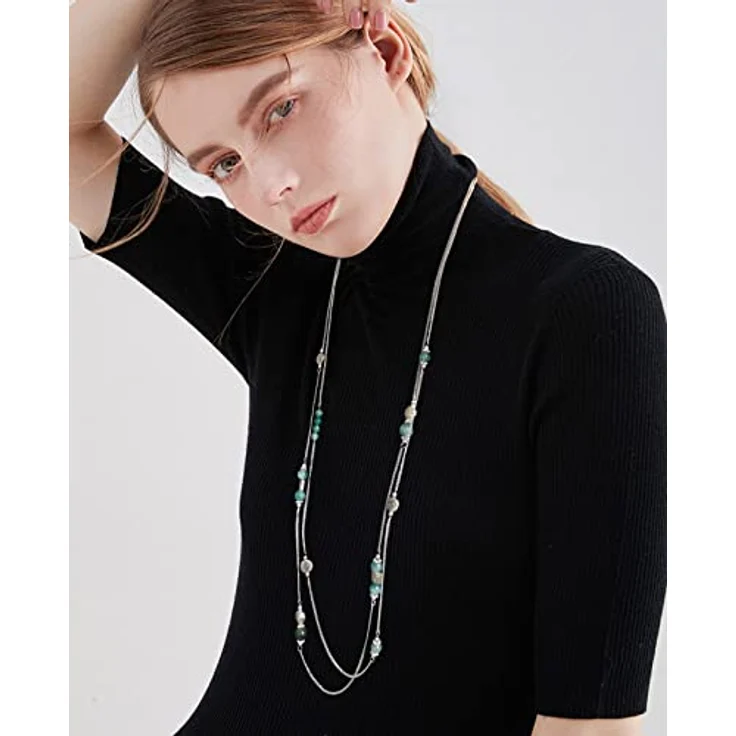 Bulinlin Damen Lange Perlen Kette, Statement Halskette mit Silber Anhänger, 36,5 Zoll, Jade green – Bild 3