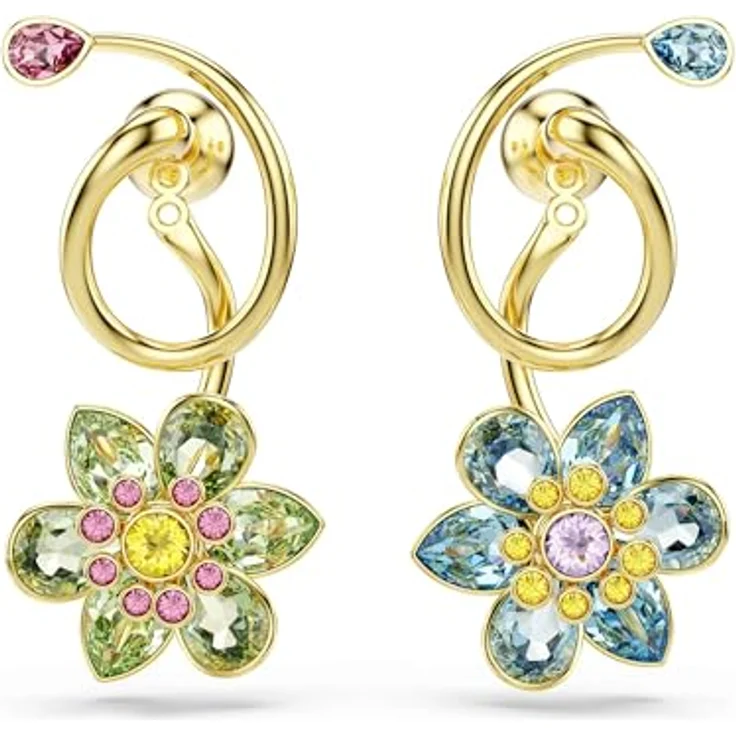 Swarovski Idyllia Drop-Ohrhänger, Vergoldete und Mehrfarbige Ohrringe mit Blütenmotiv und Swarovski Kristallen, 3.5 x 1.7 cm – Bild 2