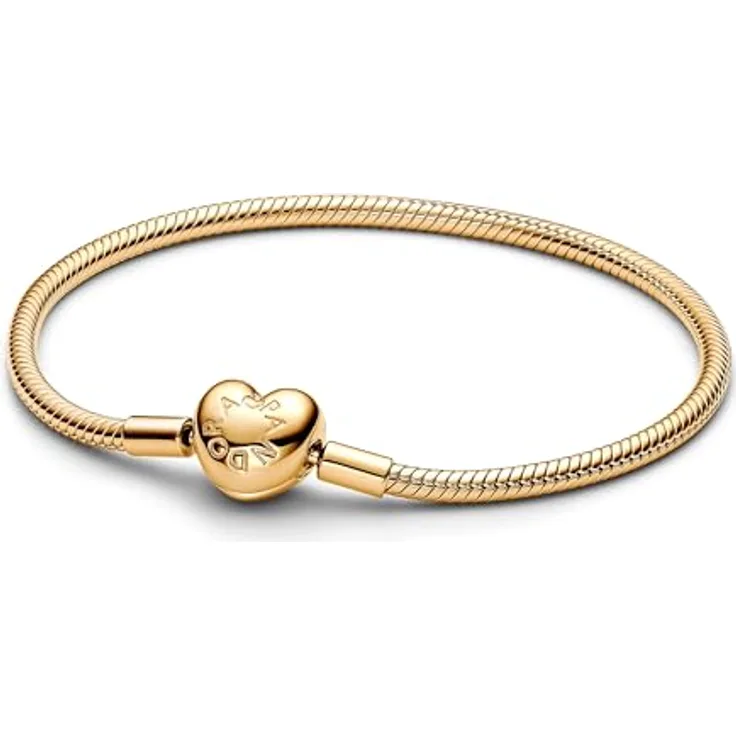 PANDORA Moments Schlangen-Gliederarmband mit Herz-Verschluss, Sterling Silber mit vergoldeter Metalllegierung, kompatibel mit bis zu 16 Charms, Größe:18, 563050C00-18