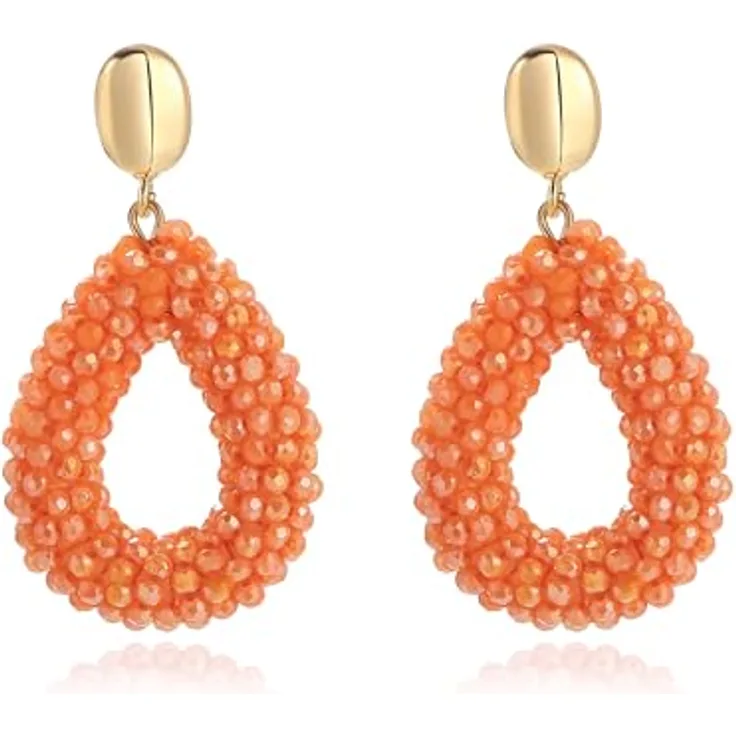 ROISE LADY Orange Boho Ohrringe hängend, leichter modischer Schmuck aus Reisperlen, tropfenförmig, eleganter Hingucker für Damen