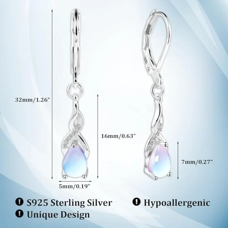 DMNQ Mondstein Ohrringe, Silber 925, hängend mit tropfenförmigem Mondstein und Zirkonia, leicht und oxidationsbeständig – Bild 4