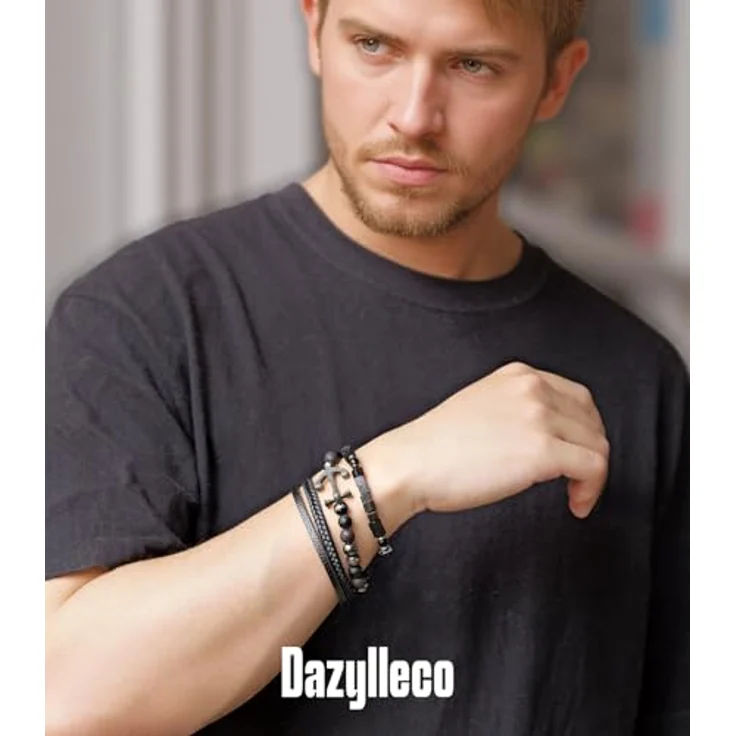 Dazylleco 3 Stück Herren-Perlenarmband Set, Naturstein Armband aus Tigerauge, Vulkanstein und Achat, Schwarz Edelstahl und Leder, verstellbar, ideales Herren Geschenk für Vatertag – Bild 3