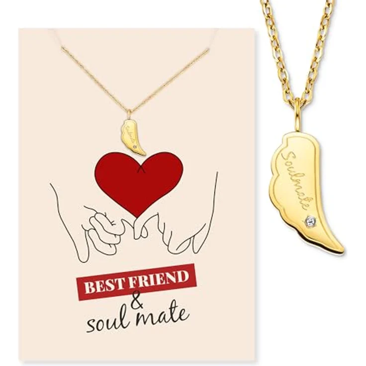 Engelsrufer Grußkarte Soulmate, Halskette Edelstahl Gold mit Engelsflügel & Zirkonia, emotionales Geschenk für beste Freundin oder Partnerin – Bild 1