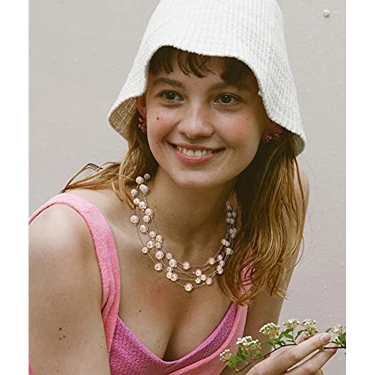FULU AUTUMN Boho Perlenkette Damen Silber, mehrreihige Statement Kette in Pink, hypoallergen, 17" mit 2.7" Verlängerung, Geschenkbox enthalten – Bild 4