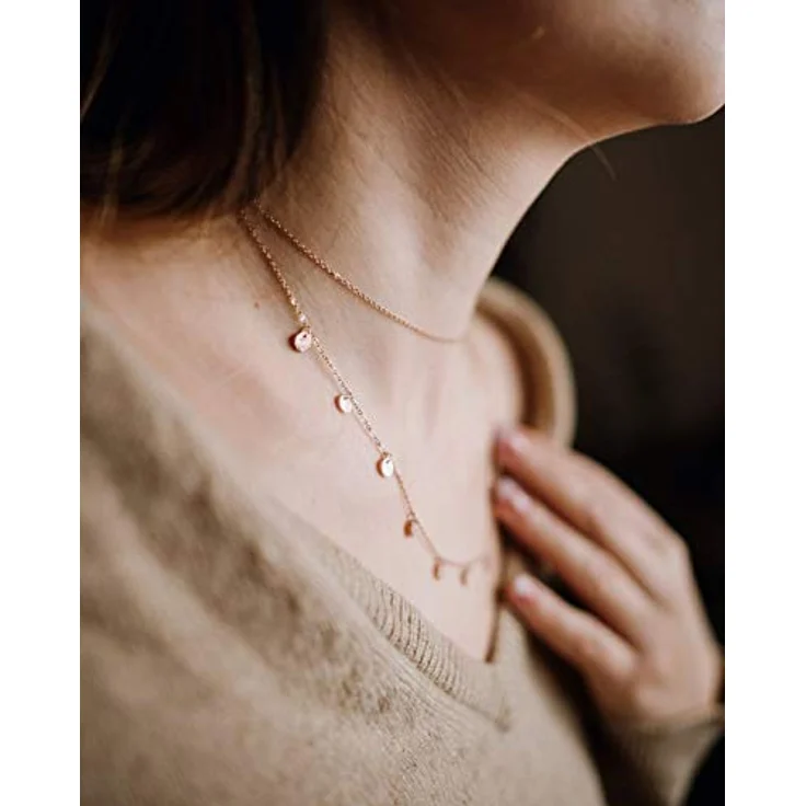 Happiness Boutique Damen Kreis Kette, Mehrreihige Halskette aus Edelstahl in 18K Rosegold, 41-42 cm mit Plättchen Anhängern, 100% anlaufgeschützt und wasserdicht – Bild 3