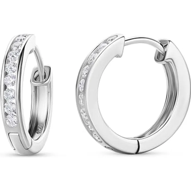 MIORE Ohrringe Silber 925, Creolen 16 mm mit 18 Zirkonia Steinen, runde Hoops für Damen in edler Schmuckbox