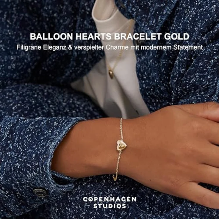 COPENHAGEN STUDIOS Bracelet Balloon Hearts, filigranes goldenes Damenarmband mit Herzanhänger, 14K vergoldet, verstellbare Länge 17-20 cm, wasserfest, hautfreundlich – Bild 2