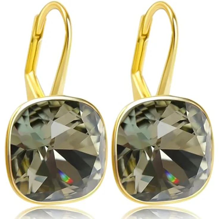 Nobel Ohrringe 925 Silber vergoldet mit grauen Kristallen, Ohrhänger Black Diamond