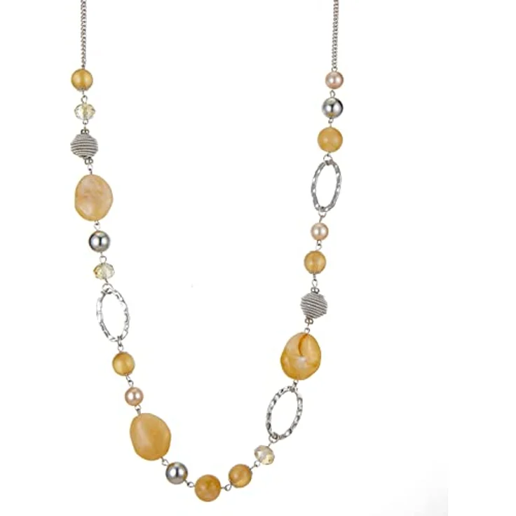 Bulinlin Lange Silber Perlenkette für Damen, Boho Statement Halskette aus Harz- und Metallperlen, 35+3 Zoll, Beige – Bild 1