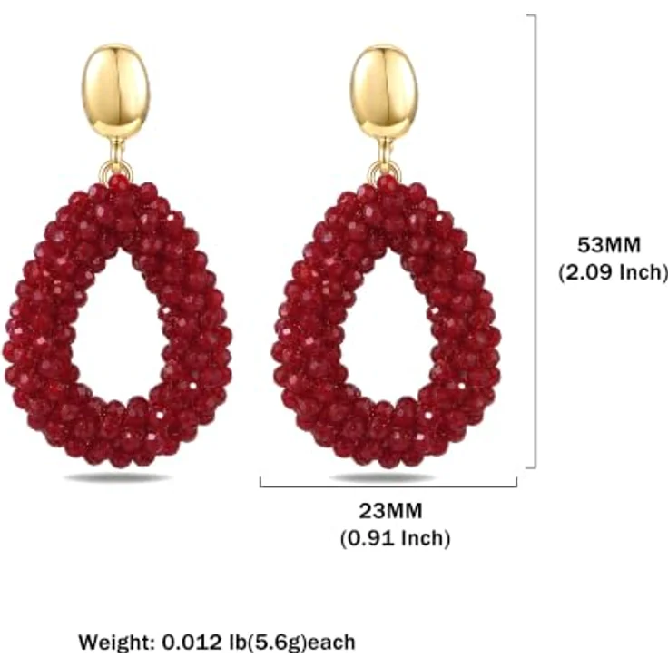 Joya Love Weinrot Boho Hohl Tropfen Ohrhänger, Facettierte Kristallperlen mit Glattem Goldoval Anhänger für Damen, Statement Ohrringe als Geschenk – Bild 3