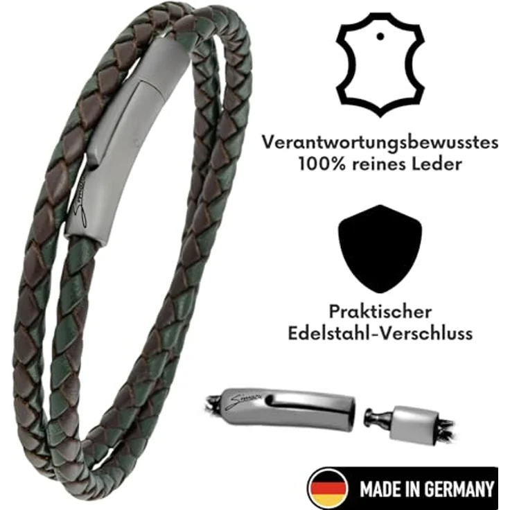 Simaru Lederarmband, 4mm geflochtenes Echtleder-Wickelarmband mit Edelstahl Hakenverschluss, wasserfest, 43cm Länge - XL, Dunkelgrün Mix – Bild 2