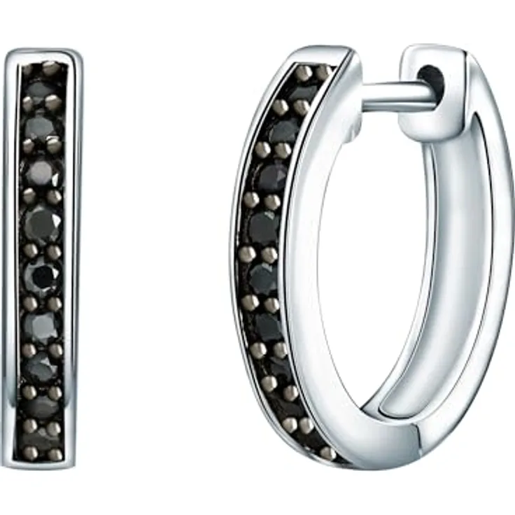 Rafaela Donata Damen Creolen 925/- Sterling Silber mit schwarzem Zirkonia, Klappcreolen, modern und klassisch, rhodiniert