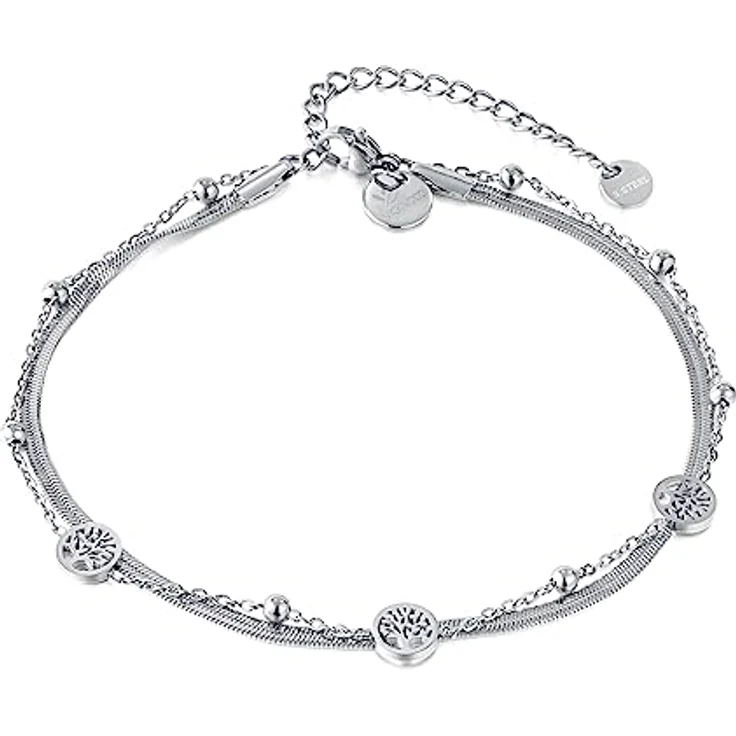 VICKWOOD Lebensbaum Fußkette für Damen, verstellbar 25-30cm, Edelstahl 18K vergoldet, in Gold/Roségold/Silber, hautfreundlich und pflegeleicht – Bild 1
