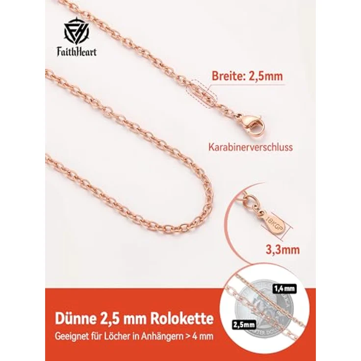 FaithHeart Rolokette Halskette 55CM, Rosegold 2,5MM Edelstahlkette für Damen, ideal zum Kombinieren mit Anhängern, Geschenkbox enthalten – Bild 2