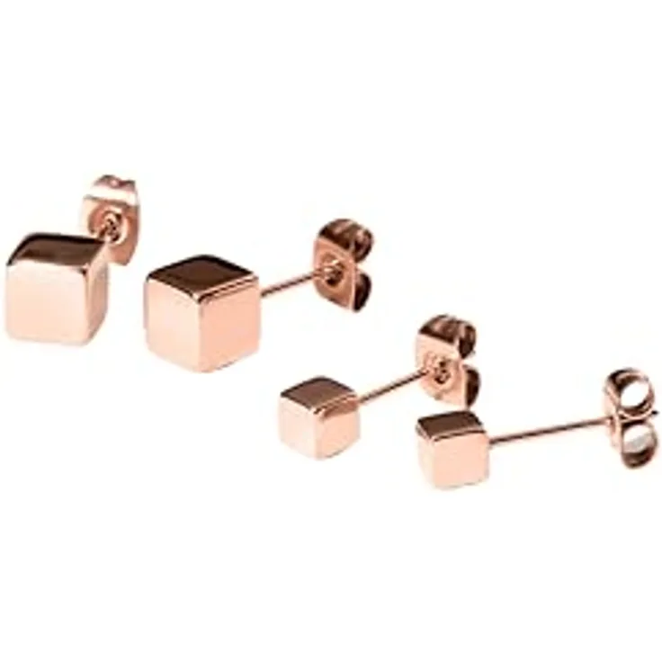 Purelei Würfel-Ohrring-Set – 2 Paar minimalistische Edelstahl-Ohrstecker, 14K Roségold vergoldet, geometrischer Look, klein & groß, 4,5 g, wasserfest für Damen