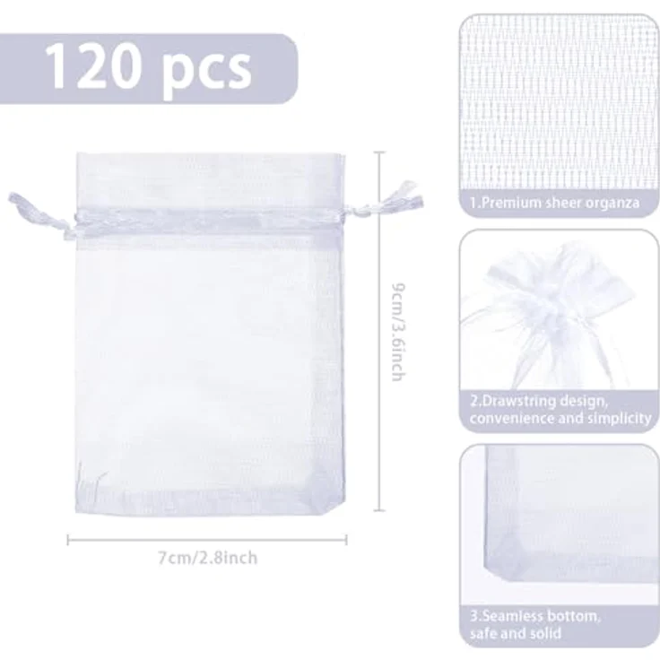Naler Organzasäckchen, Weiß, 120 Stück, 10 x 15 cm, ideal für Schmuck und Dekoration – Bild 2