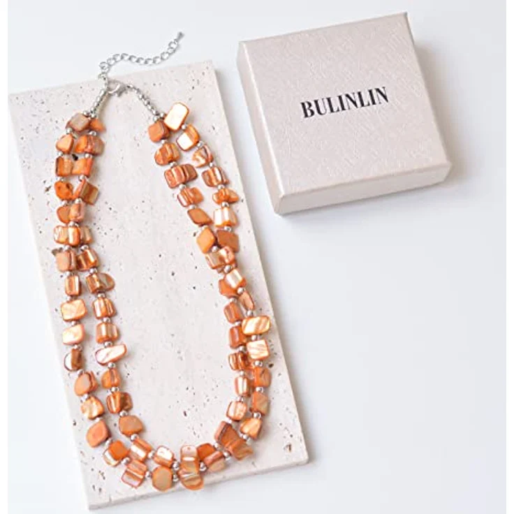 Bulinlin Boho Bunte Perlenkette Damen Muschelkette, Verstellbare Choker-Halskette mit natürlichen Muscheln, 43 cm + 7 cm Verlängerung, Orange – Bild 5