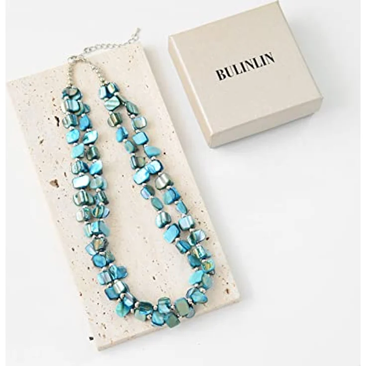 Bulinlin Boho Bunte Perlenkette Damen Muschelkette, Verstellbar, 43 cm + 7 cm Verlängerung, in Türkis, Handgemachte Choker Halskette für Strand und Sommer – Bild 4