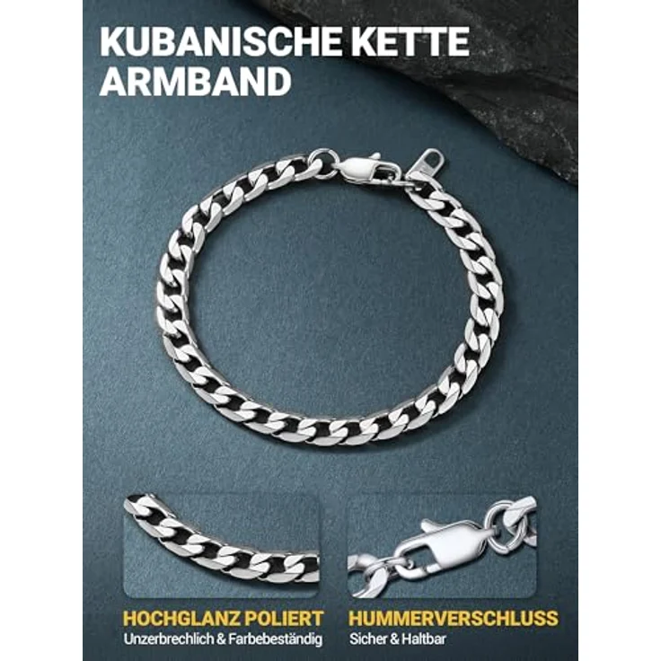 PROSTEEL Panzerarmband Herren Edelstahl, 19cm lang, 6mm breit, silber, robust und wasserdicht, klassisches Miami Design mit Karabinerverschluss – Bild 3