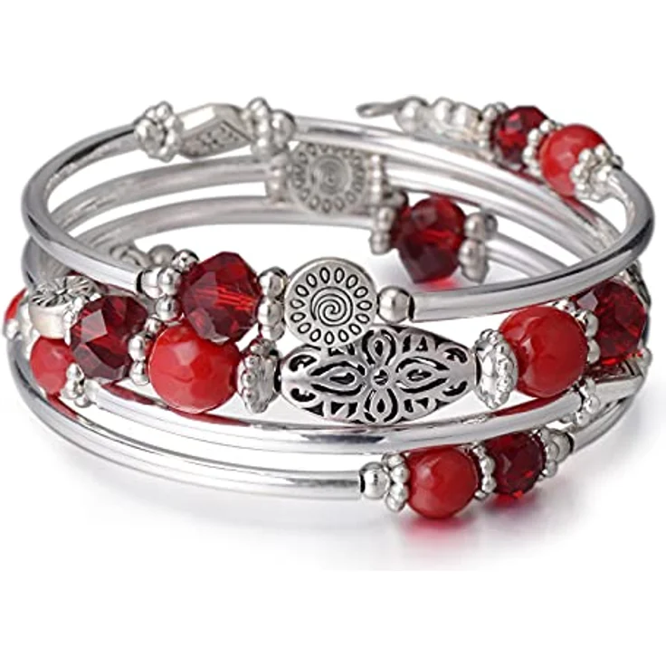FULU AUTUMN Damen Boho Armband, mehrschichtiges Perlen Silber Wickelarmband, rotes Modeschmuck Geschenk für Geburtstag und Muttertag – Bild 1
