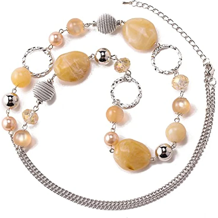 Bulinlin Damen Lange Perlenkette Boho Silber Metallkette mit Harz- und Glaskristallperlen, 35 Zoll + 3 Zoll verstellbar, Beige – Bild 2