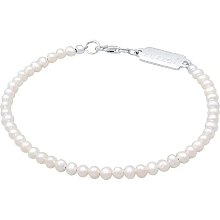 Kuzzoi Buddha Herren Armband mit ovalen Süßwasserperlen (3 mm) in Weiß, 925 Sterling Silber, Unisex Schmuck, Länge 19-23 cm