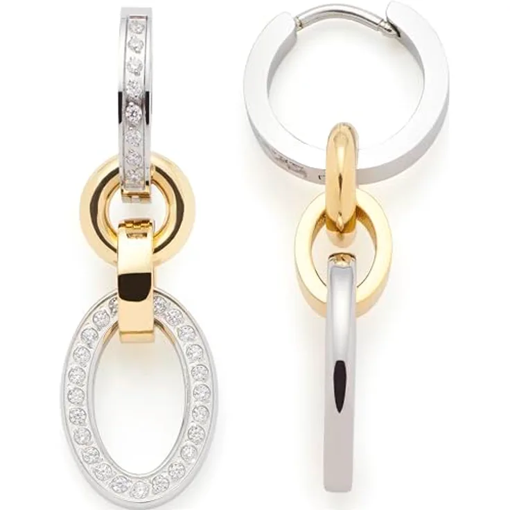 JEWELS BY LEONARDO Kreolen Lena, Bicolor Edelstahl Ohr-Hänger mit abnehmbaren Ketten-Glied Anhängern und Zirkonia-Steinen, Schmuck Geschenk für Frauen, 3,2 x 1 x 1,3 cm
