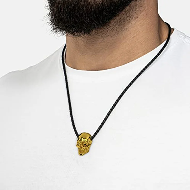 SERASAR Herren Lederhalskette mit Totenkopf Anhänger, 50 cm Gold, echtes Rindsleder und Edelstahl, Geschenkbox für Männer – Bild 3