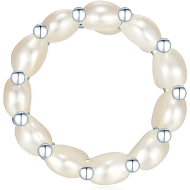 Valero Pearls Damen-Perlenring mit weißen Süßwasser-Zuchtperlen 4-5 mm, 925/- Sterling Silber, elastisch einstellbar – Bild 3