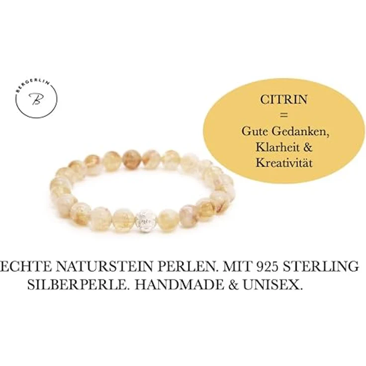 BERGERLIN Citrin Armband - Perlenarmband aus echtem Naturstein mit 925 Sterling Silberperle, in verschiedenen Größen (XS-S und M-L) erhältlich, Handmade, Unisex – Bild 4