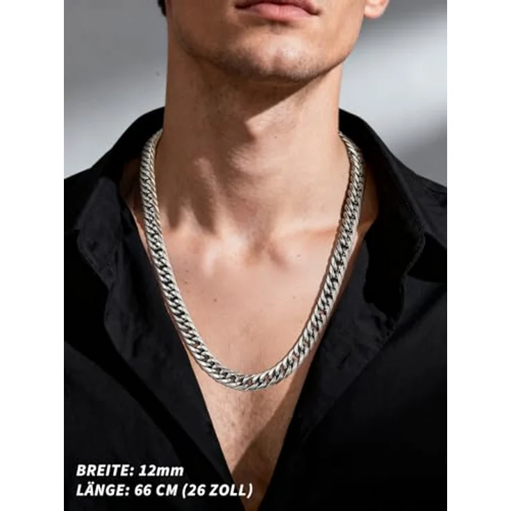 FindChic Edelstahl Halskette Herren, 12mm breite massive Panzerkette in Gold/Silber/Schwarz, 55cm mit Geschenkebox für Männer und Damen – Bild 2