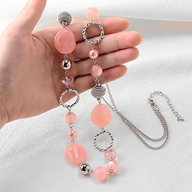 Bulinlin Lange Perlenkette für Damen, Statement Boho Silber Metall mit 35 Zoll + 3 Zoll Verlängerung in Pink, Modeschmuck für Hochzeitstag und Geschenke – Bild 5