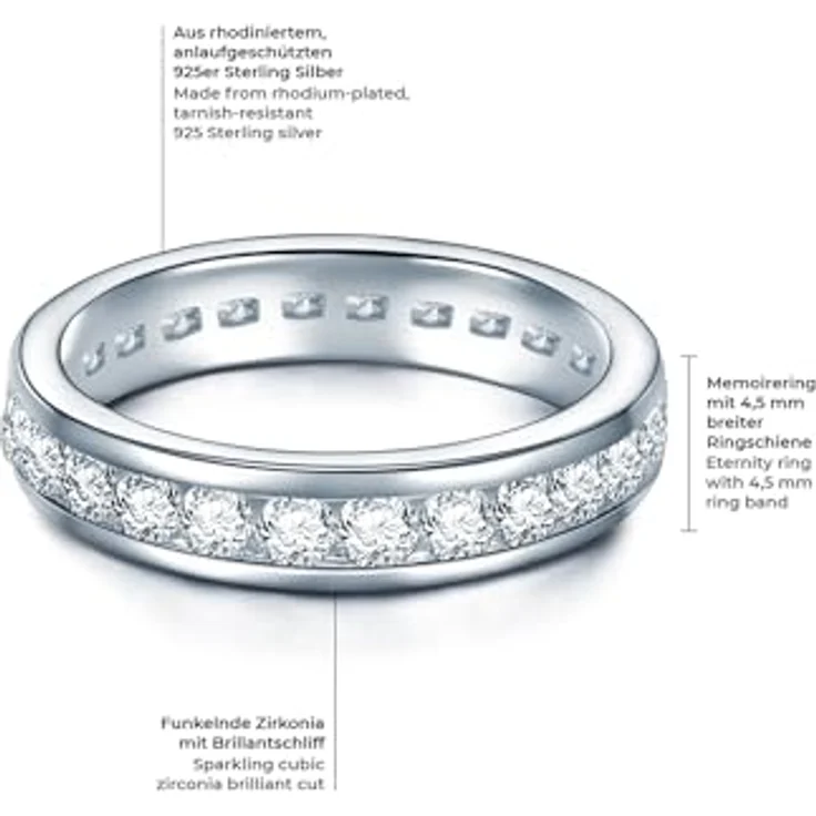 Trilani Damen-Memoirering, Sterling Silber Zirkonia weiß im Brillantschliff, 4,5 mm schmale Ringschiene, Verlobungsring Ehering Trauring mit edlem Lederetui – Bild 2