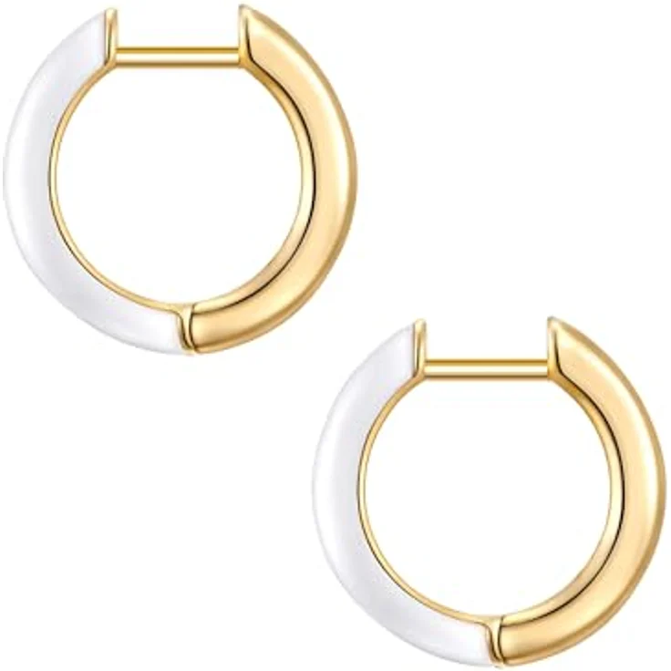 Yokoamii Damen Creolen, gelbvergoldete Metall-Legierung 14 Karat mit weißer Emaille, Modeschmuck Ohrcreolen in Schmuckbox – Bild 2