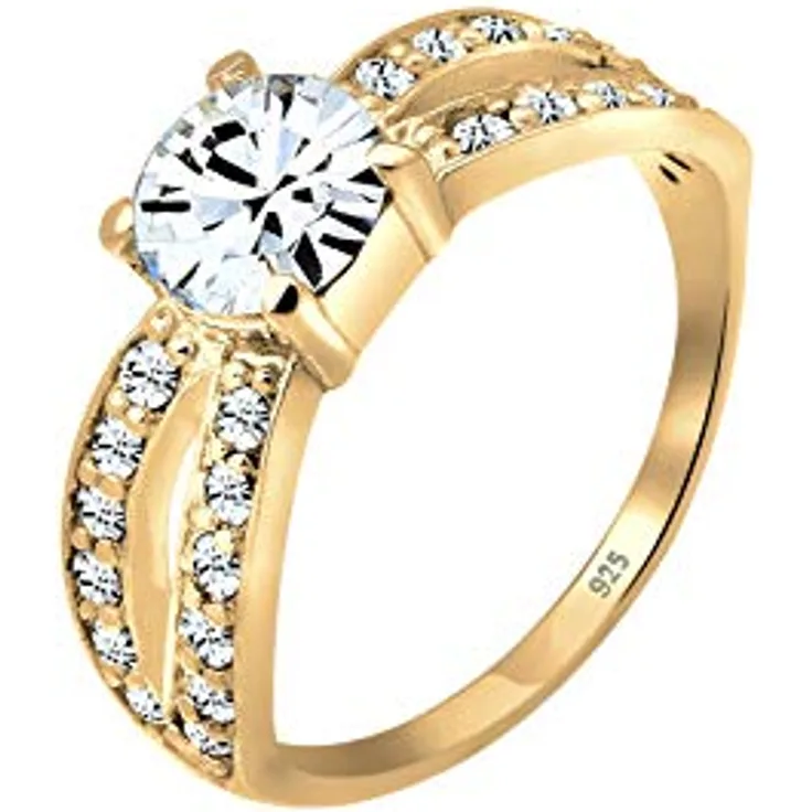 Elli Damenring mit Kristall Glamour, vergoldet, 925 Sterling Silber, handgefertigt, anlaufgeschützt