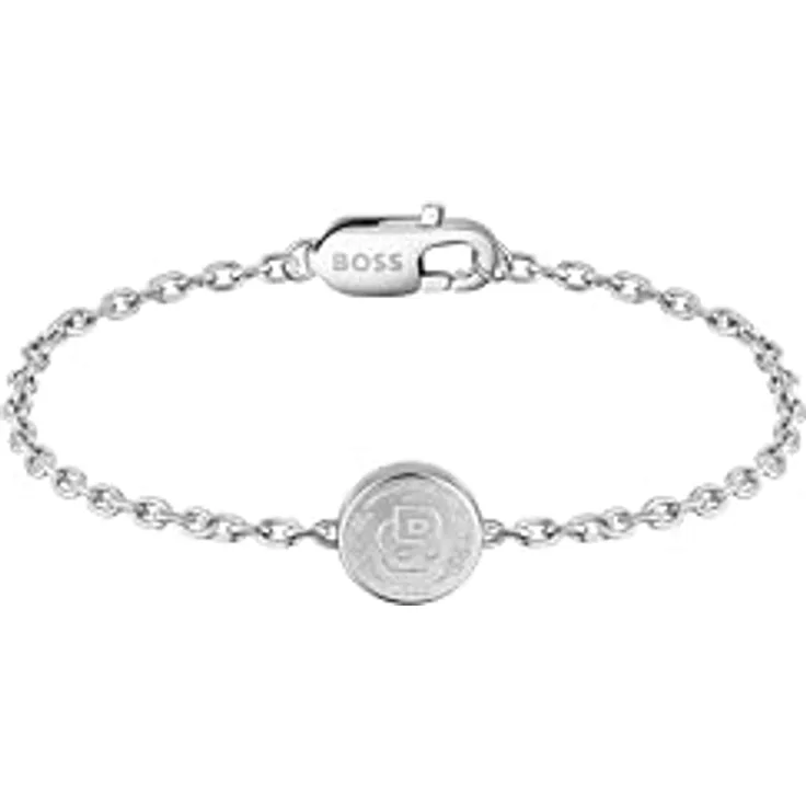 BOSS DOUBLE B COIN Armband für Herren aus poliertem Edelstahl mit Charm in Münzform, 190 mm Innendurchmesser, Karabinerverschluss mit BOSS Logo
