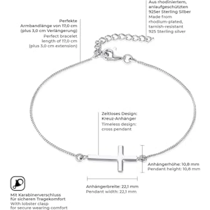 Rafaela Donata Damen-Armband Kreuz 925/- Sterling Silber, 17 cm lang mit 3 cm Verlängerung, Religionssymbol für elegante Looks – Bild 2