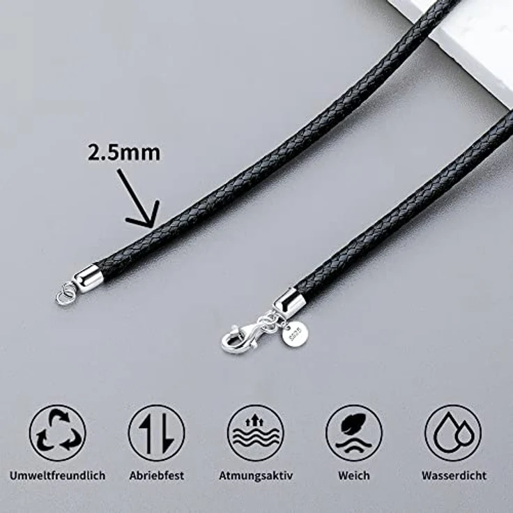 Viwind Lederkette 925 Silber Verschluss, geflochtene Kunstleder Halskette 2,5mm breit für Damen und Herren, wahlweise 45-60cm in Schwarz, ideal für Anhänger und DIY Schmuck – Bild 4