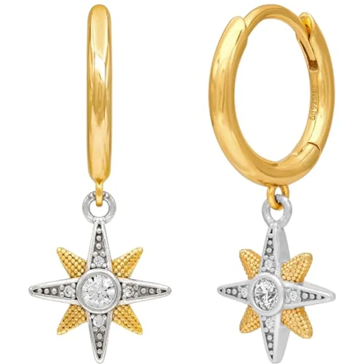 Engelsrufer Damen Creole, vergoldetes Sterling Silber mit Bicolor Stern Anhänger, besetzt mit 10 Zirkonia Steinen, 14mm, nickelfrei, Clipverschluss