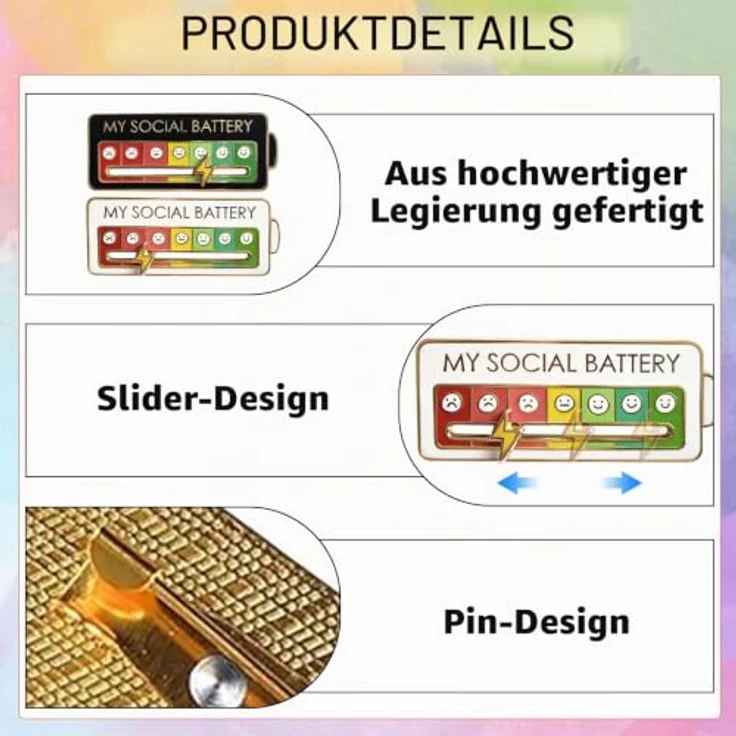 BaZuyunMd Social Battery Pin 6er Set, Anstecker mit 7 Emotionen, stylische Brosche in Weiß und Schwarz, 6×2.5cm – Bild 3